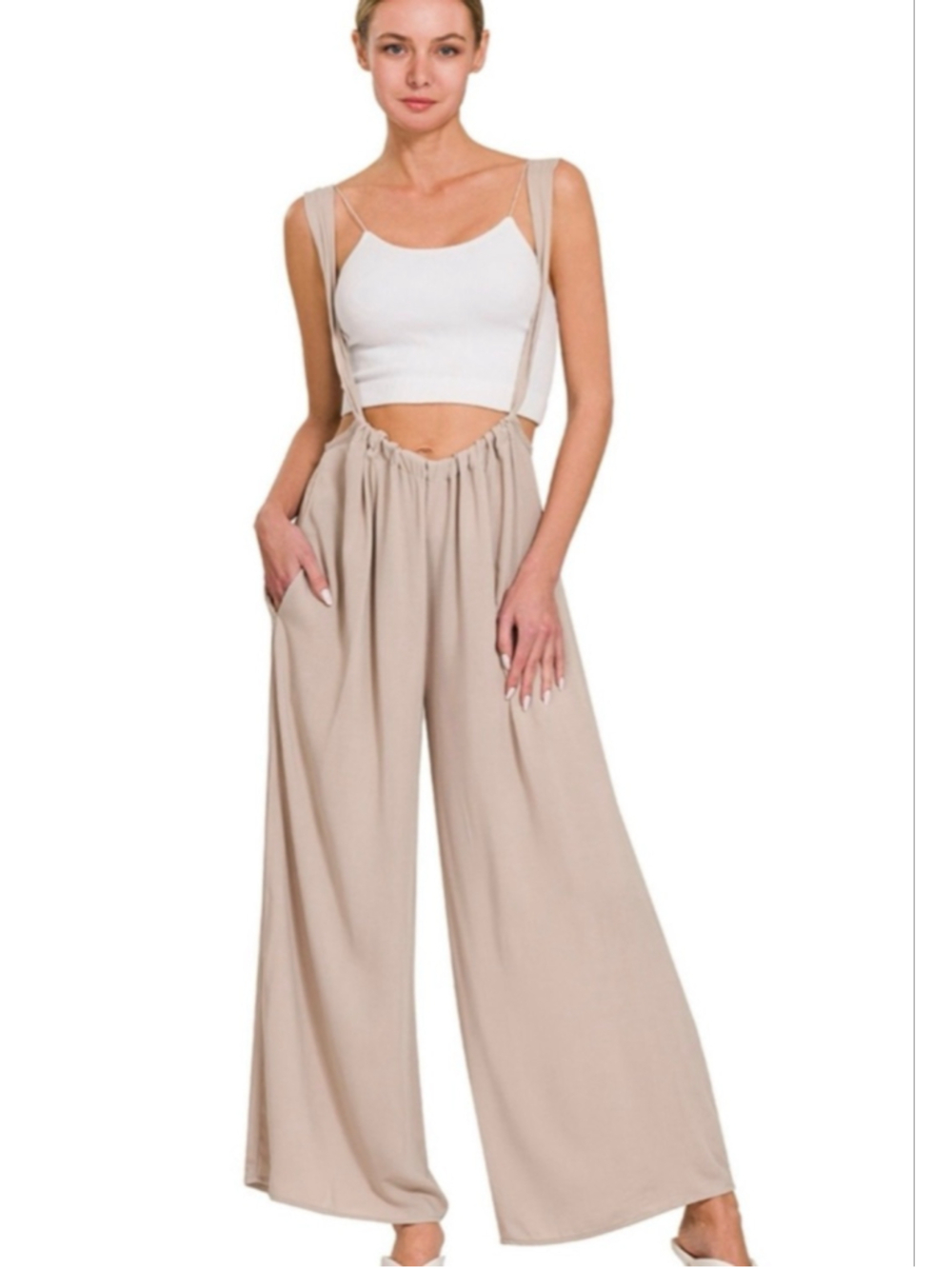 Beige Wide-Leg Suspender Jumpsuit Hippie bohemian women large